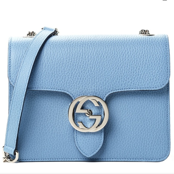 ๐ฏ% Auth Gucci Interlocking GG Crossbody Bag Light Blue Leather NEW